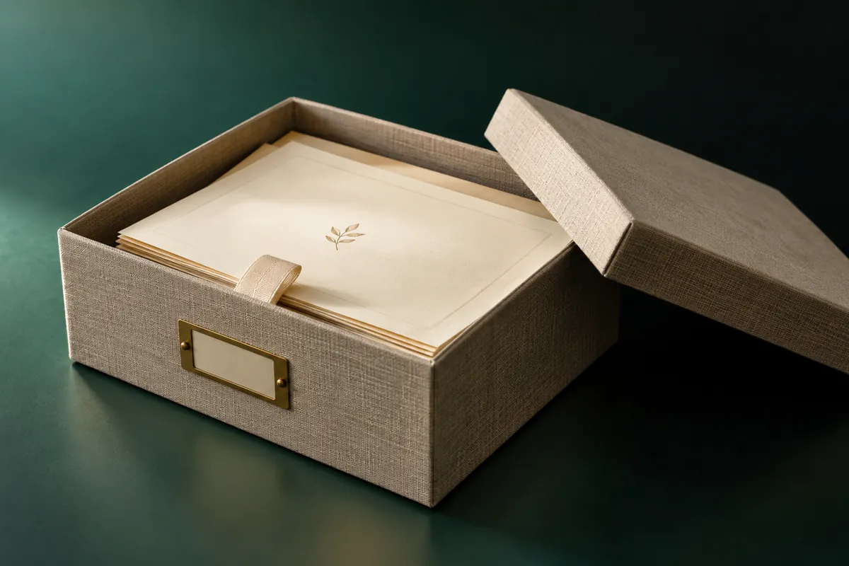 Linen archival box containing ivory reference cards