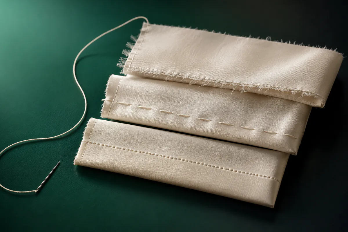 Three seam samples, from unfinished to finished