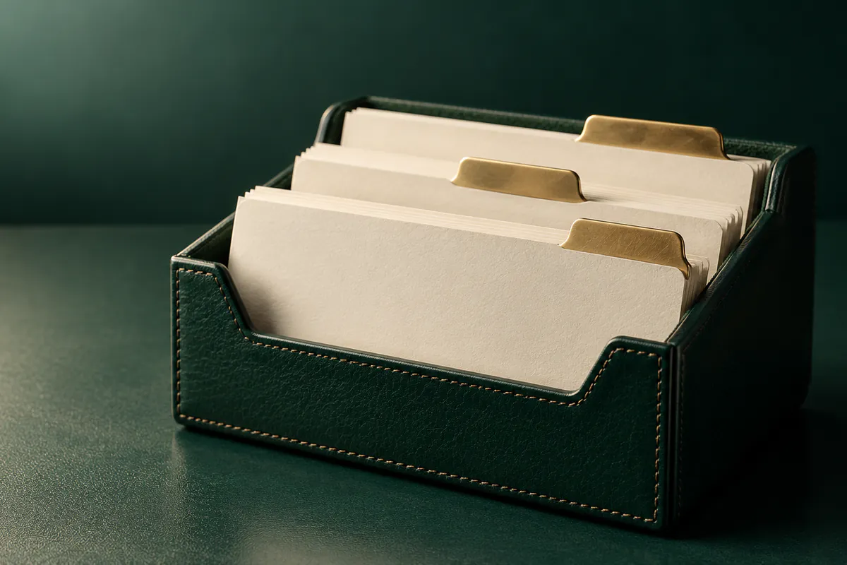 Ivory index cards in a green leather tray