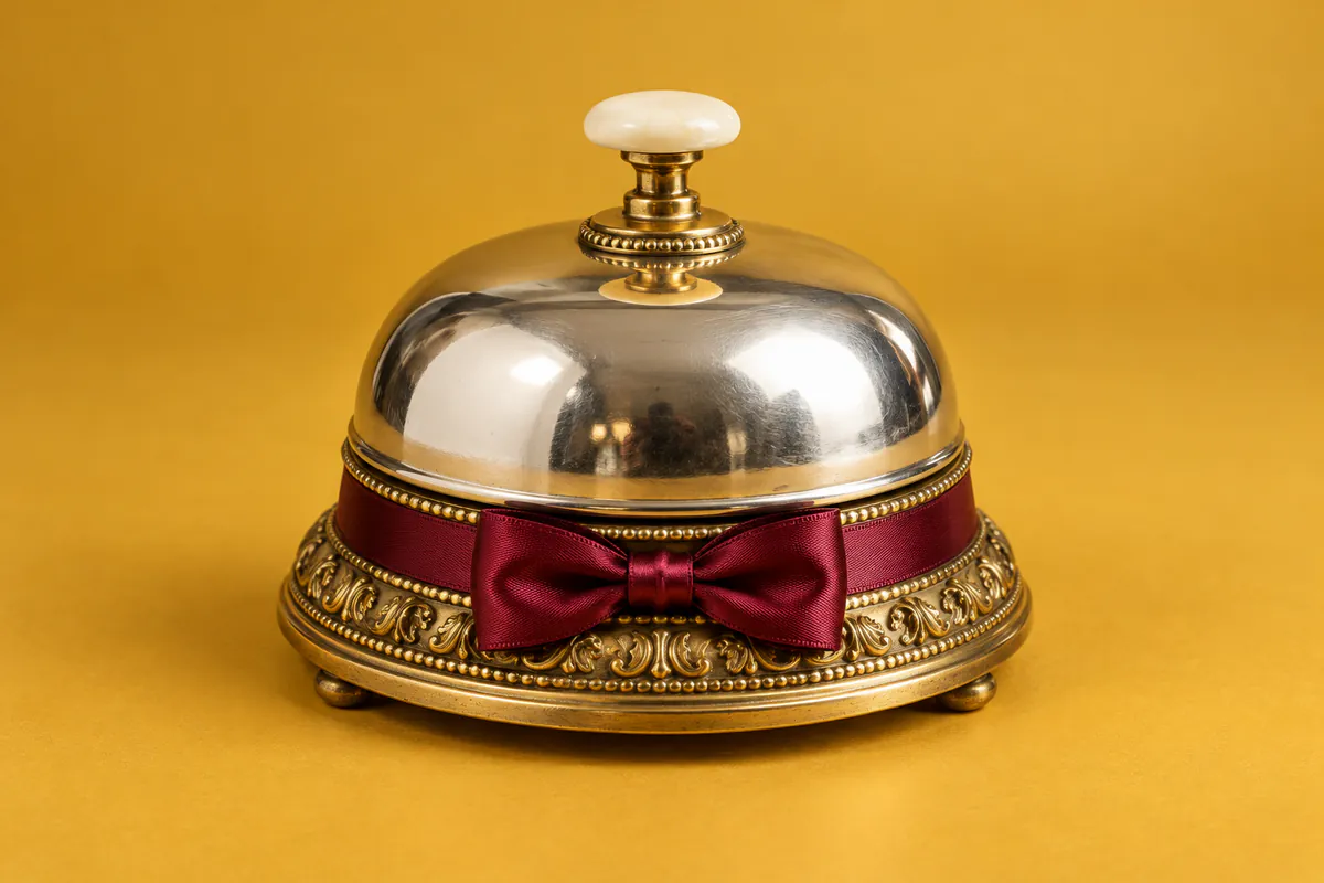 Silver reception bell on a gilt base tied with a burgundy silk bow