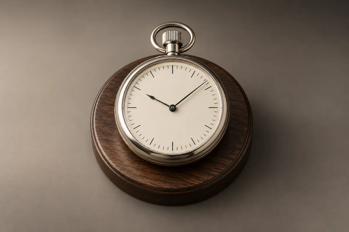 Nickel stopwatch with an ivory dial on a circular walnut base