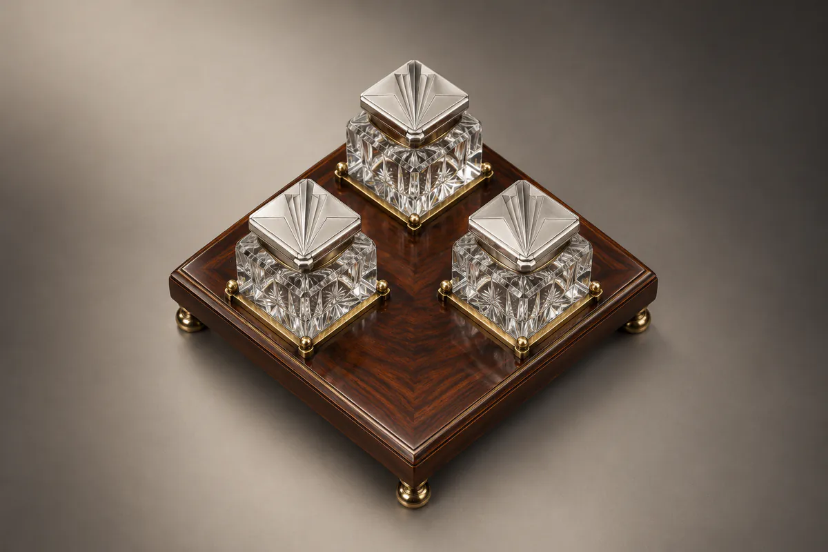 Three crystal inkwells with silver lids on a wooden base