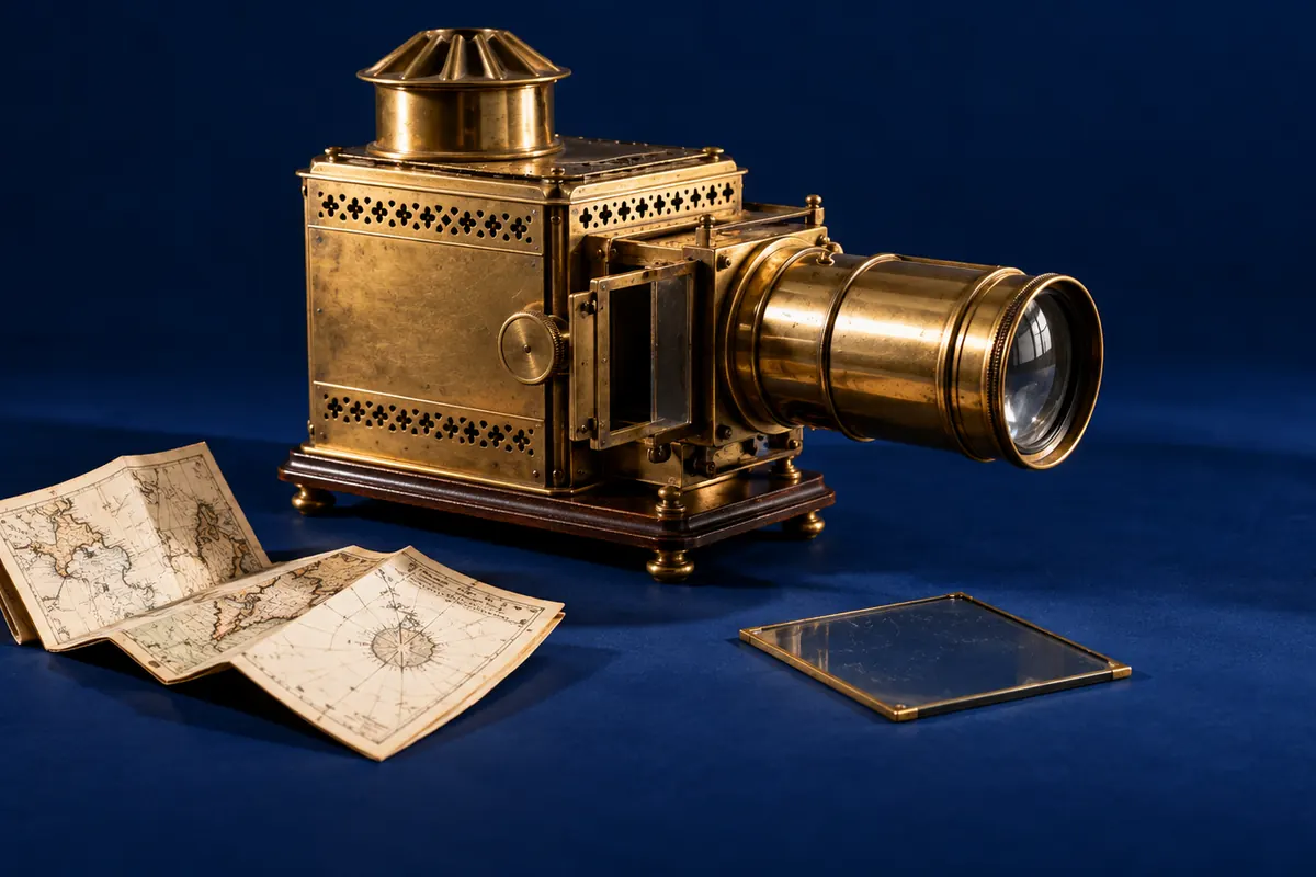 A brass slide projector, folded travel map and glass slide on cobalt silk.
