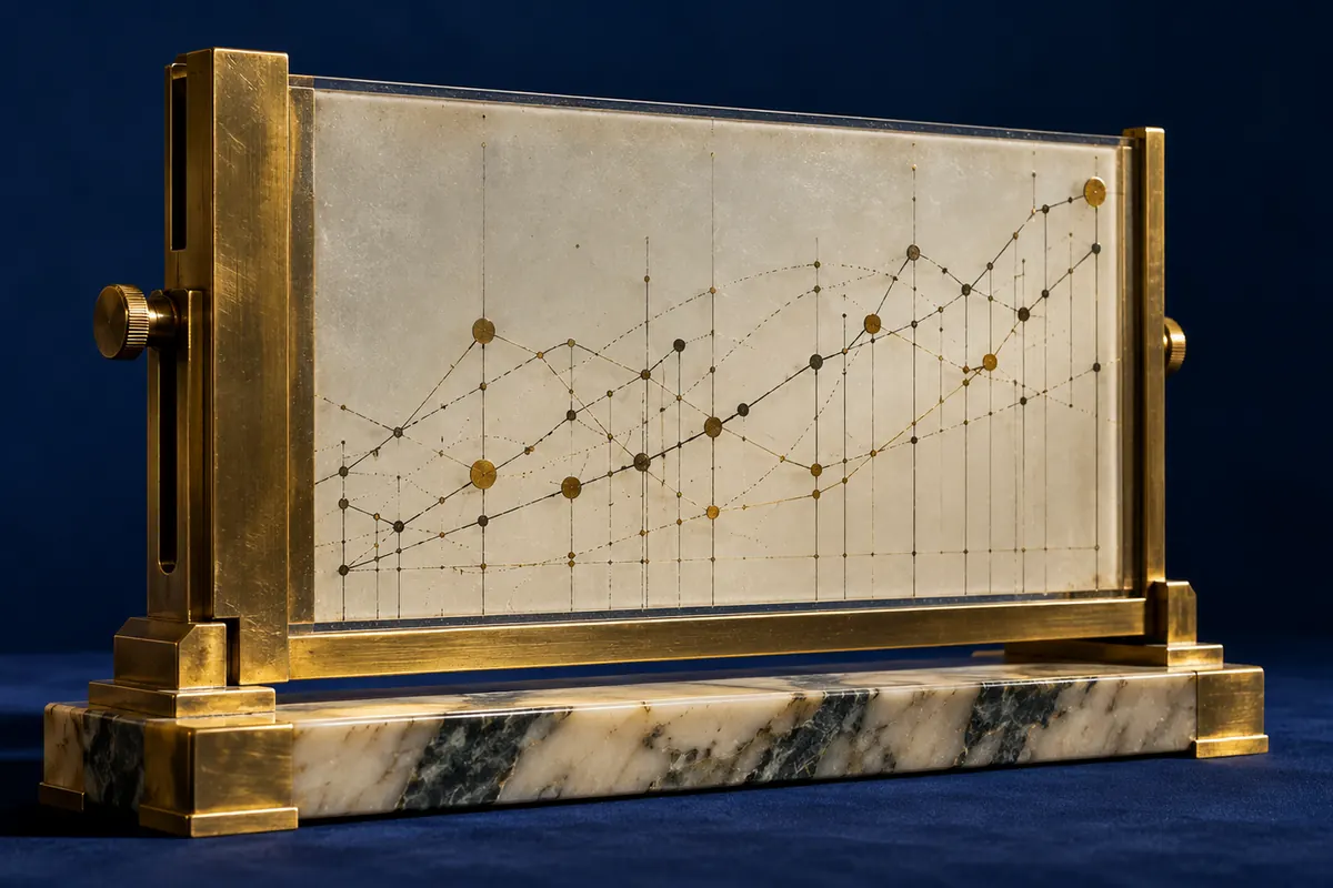 A geometric network on a glass plate in a brass slide carrier.
