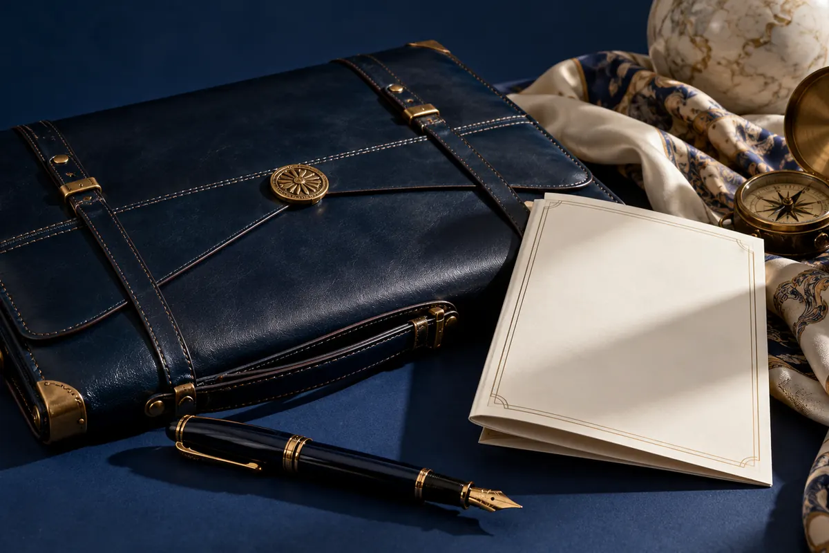 A leather travel folio, fountain pen and folded blank programme.