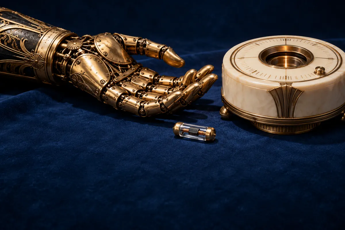A brass mechanical hand holds a glass capsule beside an ivory reader dial.