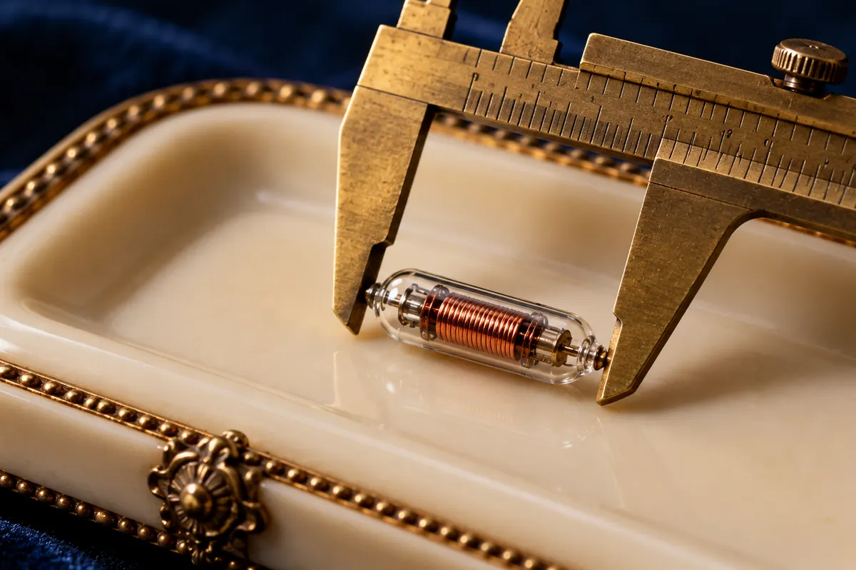 A tiny glass capsule and copper coil measured with brass calipers.