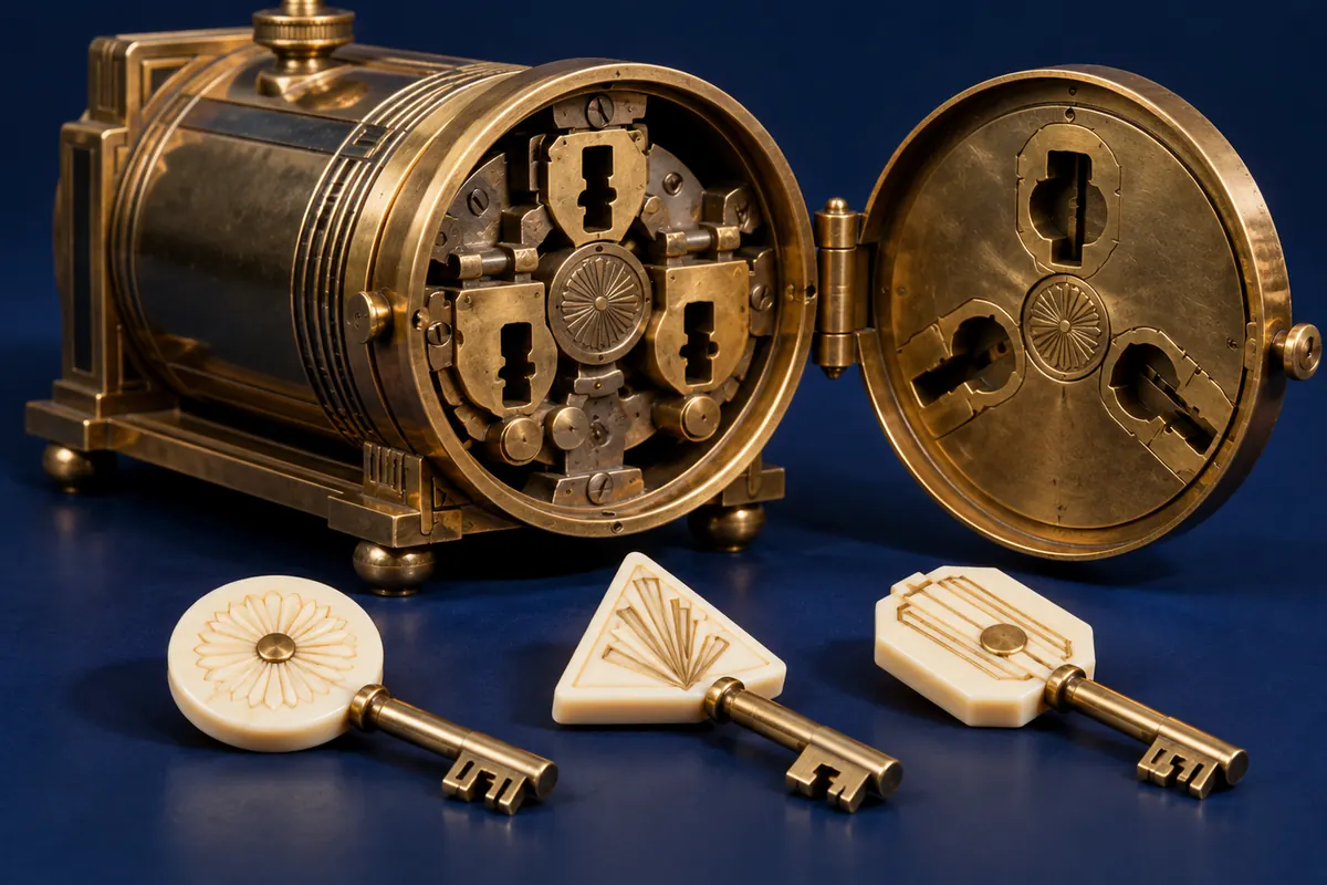 Three differently shaped ivory keys beside an open brass reader lock.