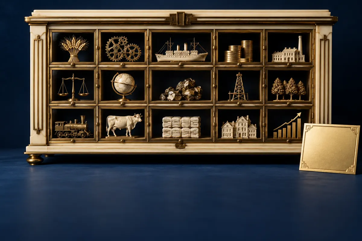 An ivory specimen cabinet groups miniature economic objects in brass compartments.