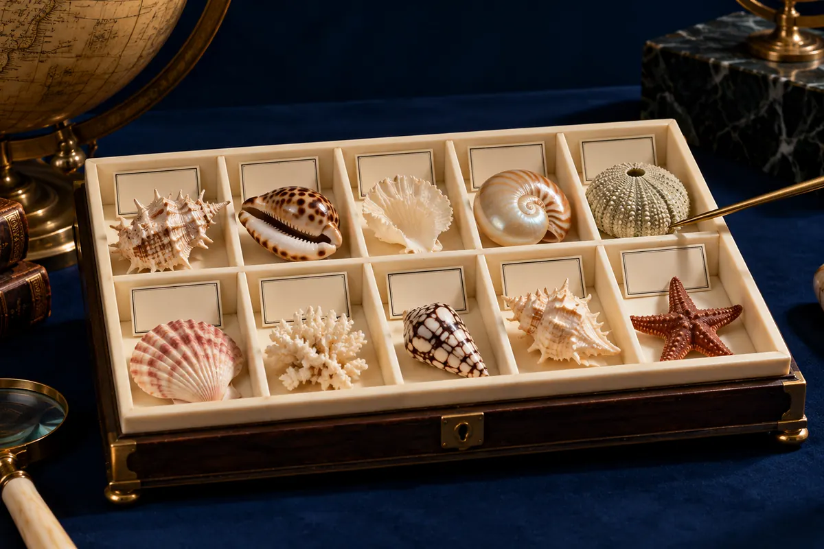 A brass pointer selects a shell in a divided specimen tray.