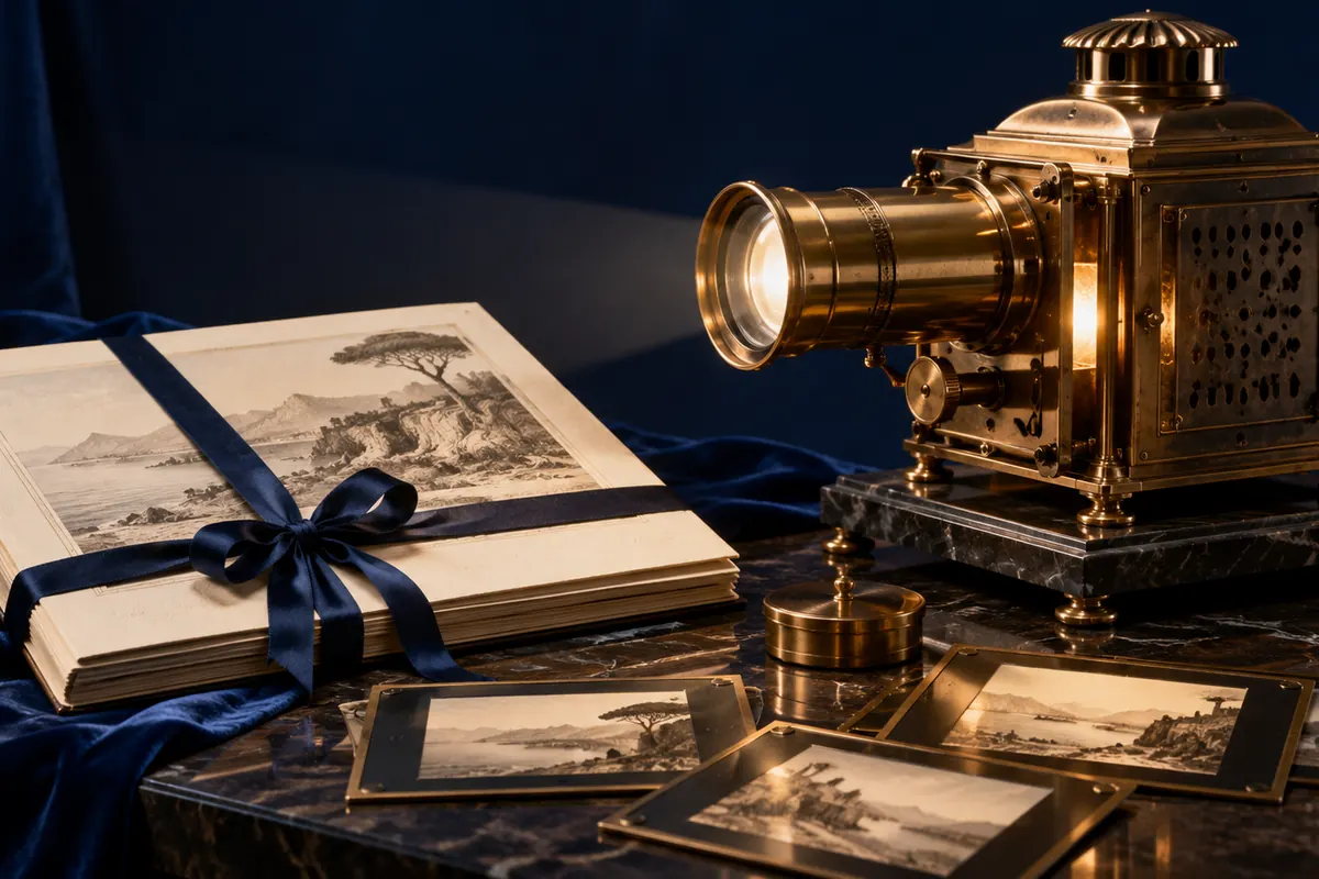 A ribbon-bound research folio and brass projection lantern.