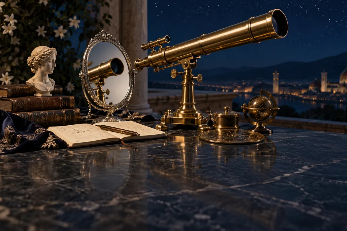A brass observatory telescope and silver mirror overlook Florence at night.