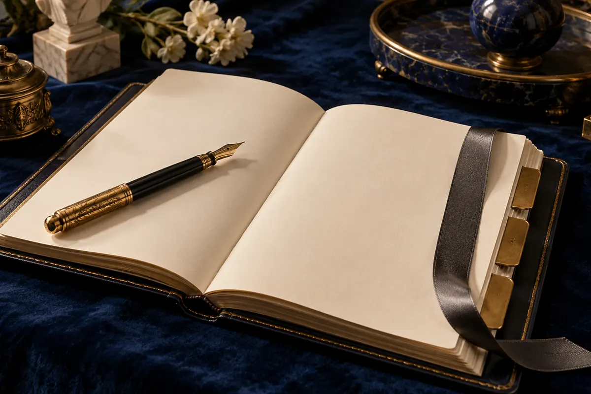 An open blank notebook and fountain pen on a scholarly table.