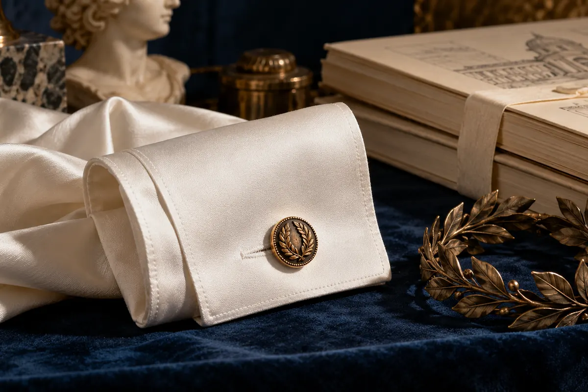 An ivory silk cuff, bronze laurel wreath and research books.