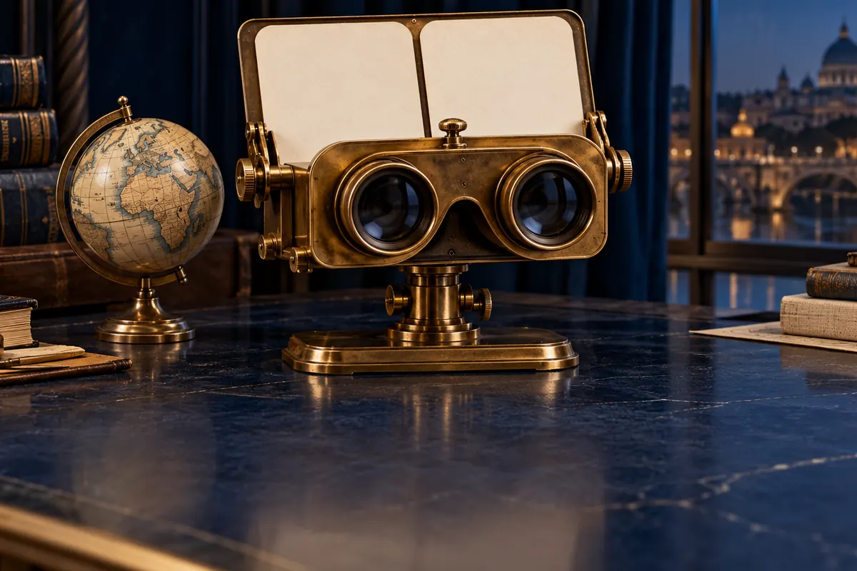 A brass stereoscope and globe on a scholarly desk.