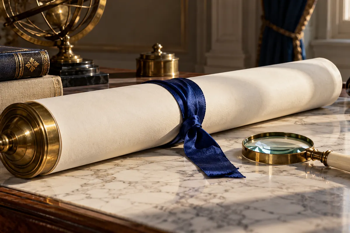 An ivory rolled poster with a brass cap and blue ribbon.