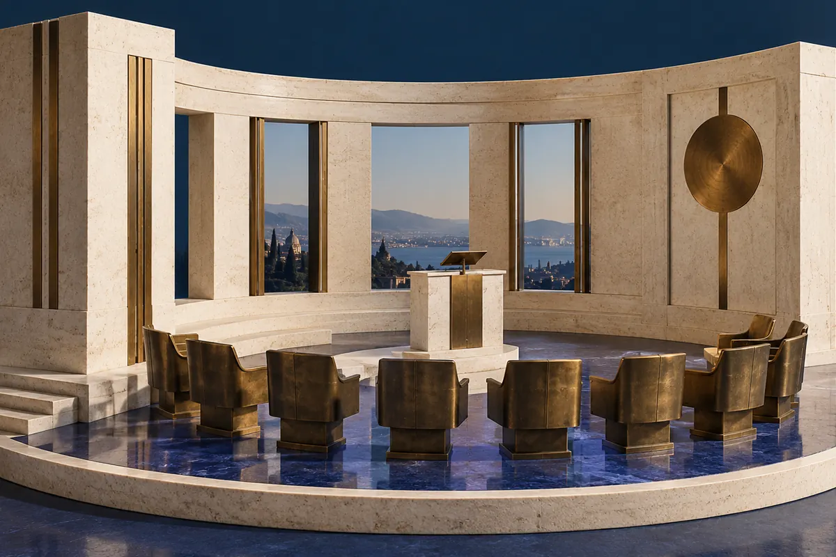 A rationalist pavilion model surrounded by a semicircle of sculptural chairs.