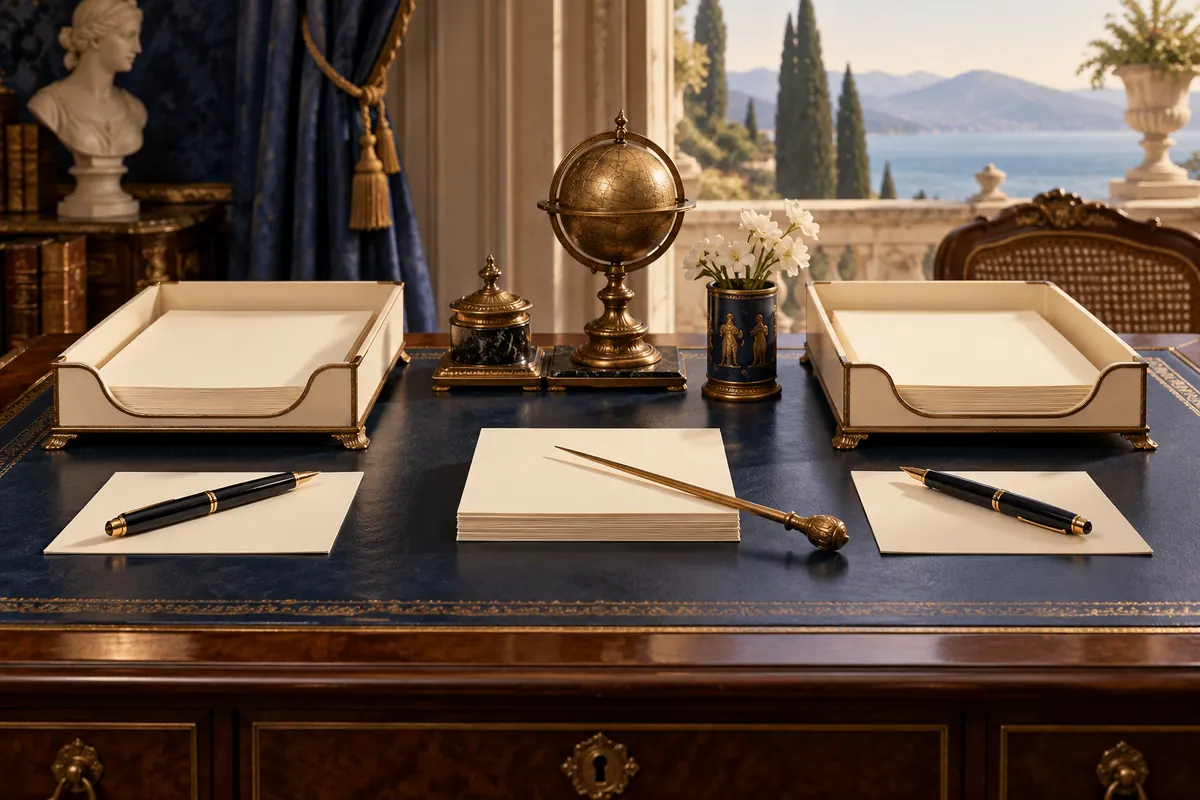 Paired document trays and fountain pens await two annotators at a scholarly desk.
