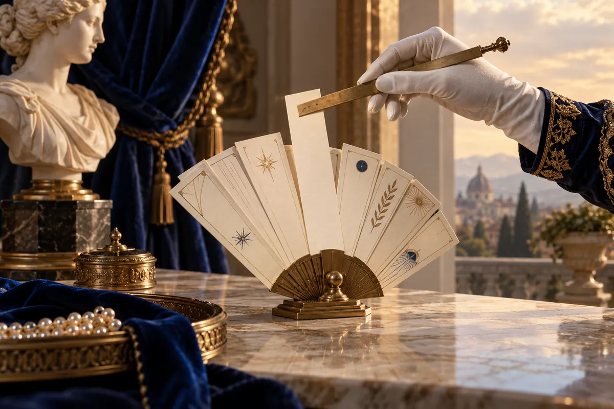 A gloved hand selects an ivory paper strip with a brass straightedge.