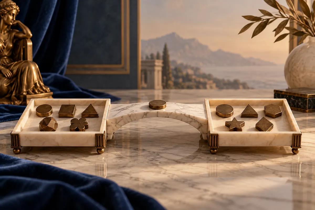 Two classification trays share a matching bronze token across a marble bridge.
