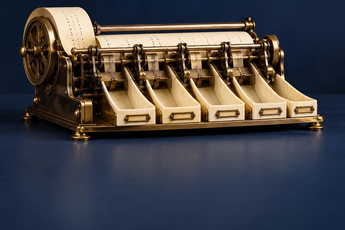 A brass document instrument separates a paper roll into five outputs.