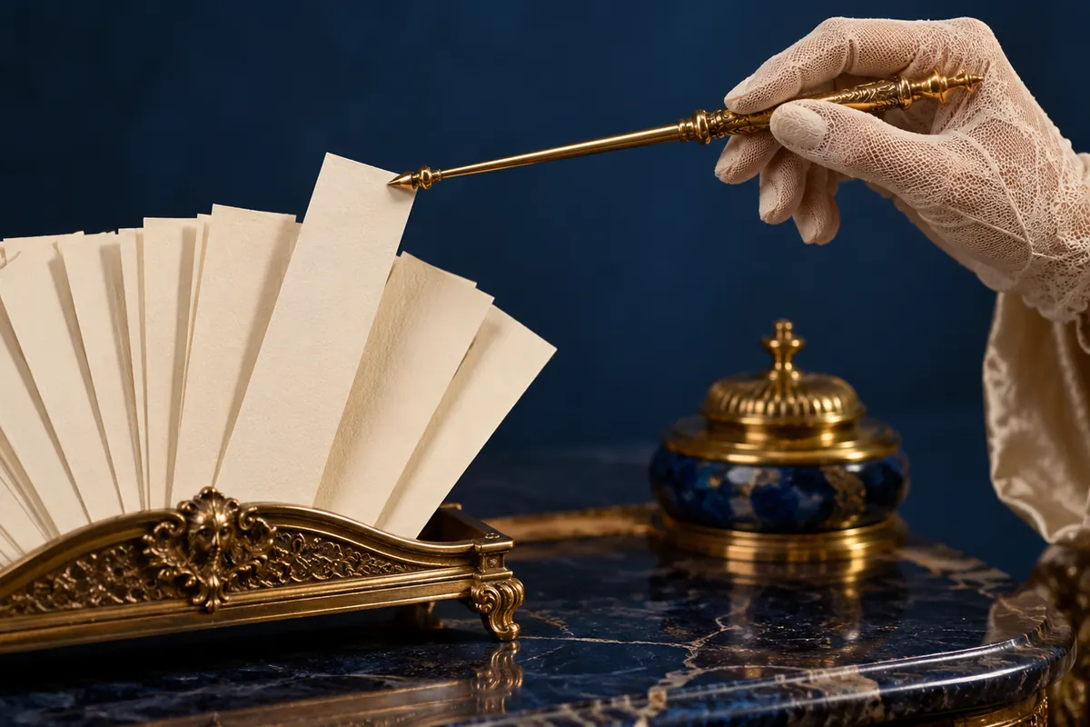 A gloved hand selects a blank paper strip with a brass pointer.