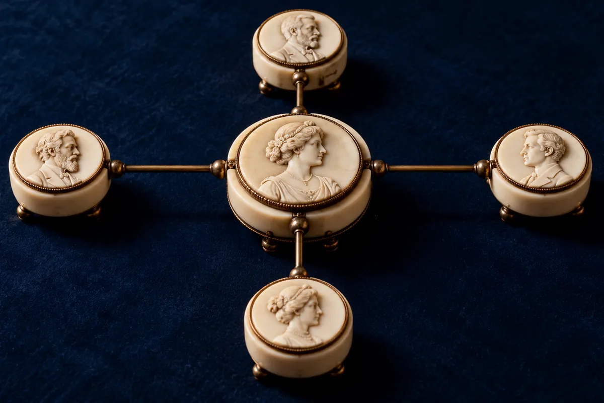 Five ivory cameo weights connected by fine brass rods.