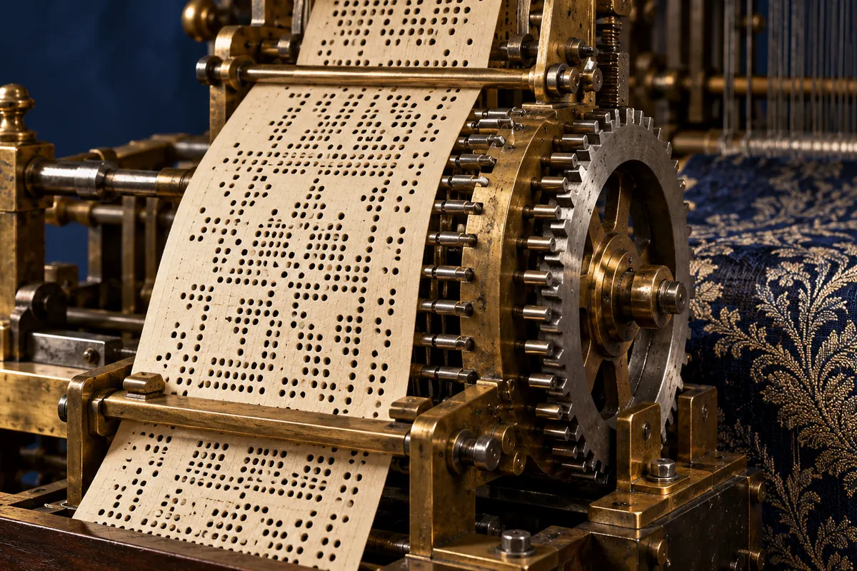 A jacquard mechanism feeds a punched card.
