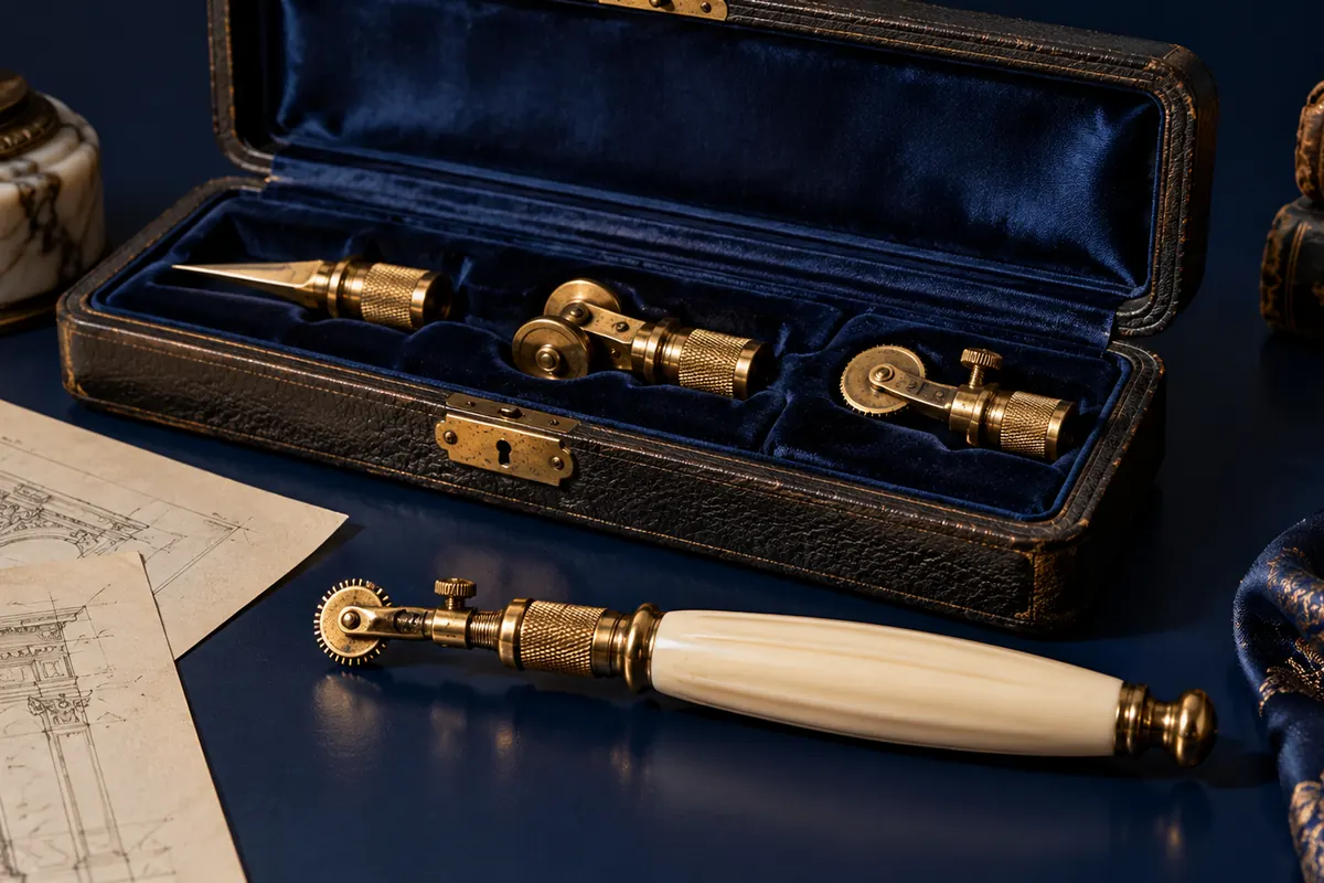 Interchangeable brass tools arranged in a fitted leather case.