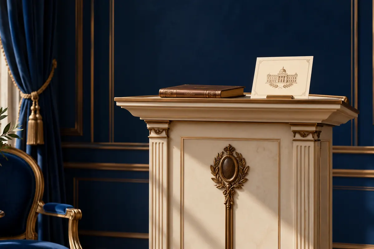 An ivory lectern with a folio and formal invitation.