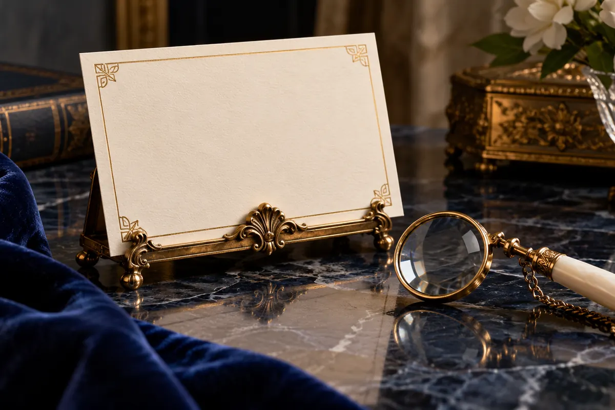 An ivory invitation card and monocle on a scholarly desk.