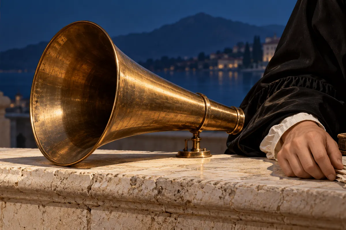 A brass speaking horn beside a black academic sleeve.