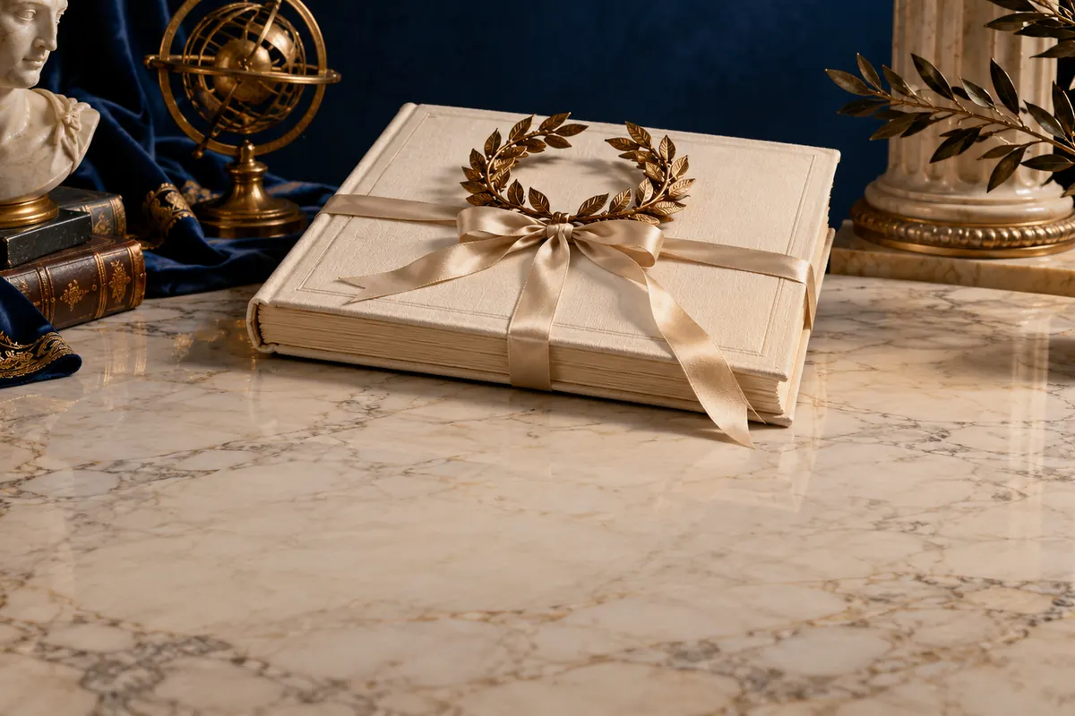 An ivory thesis tied with ribbon beside a laurel.