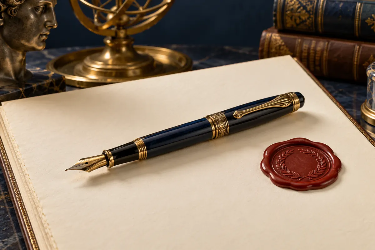 A fountain pen and wax seal beside an ivory thesis.