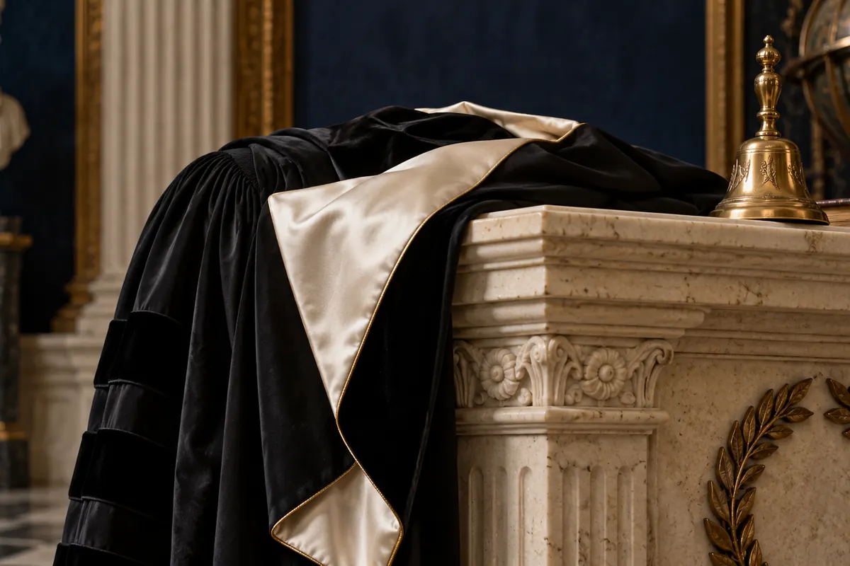 A black doctoral hood draped over a carved limestone pedestal.