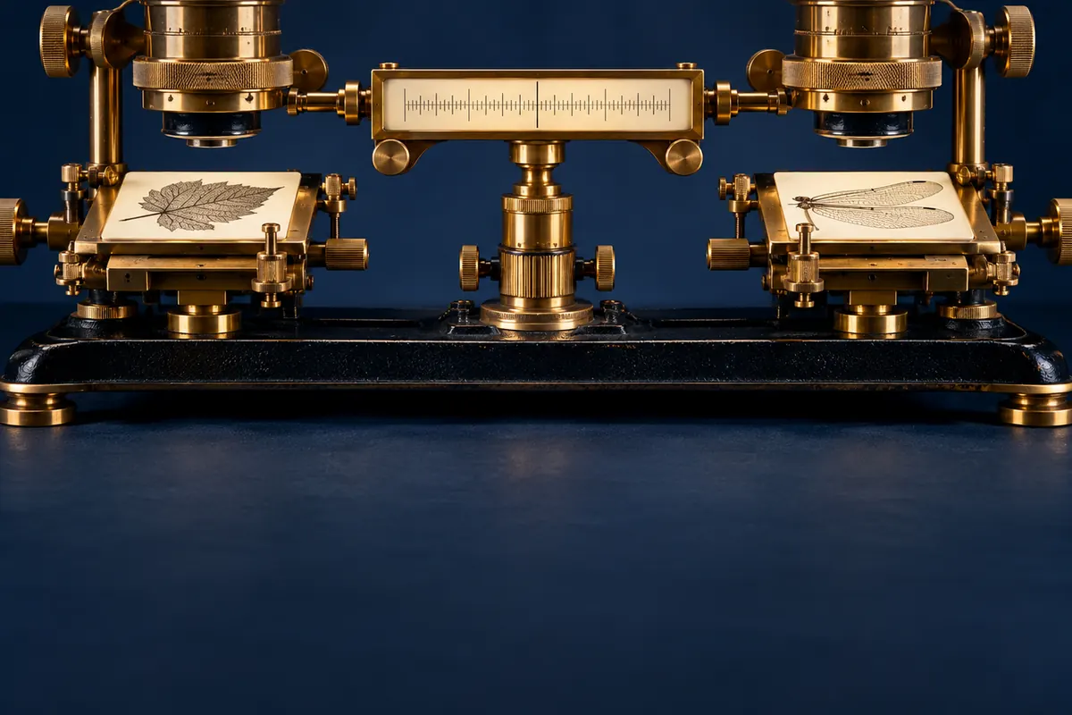 Paired lenses compare ivory cards in a brass optical instrument.