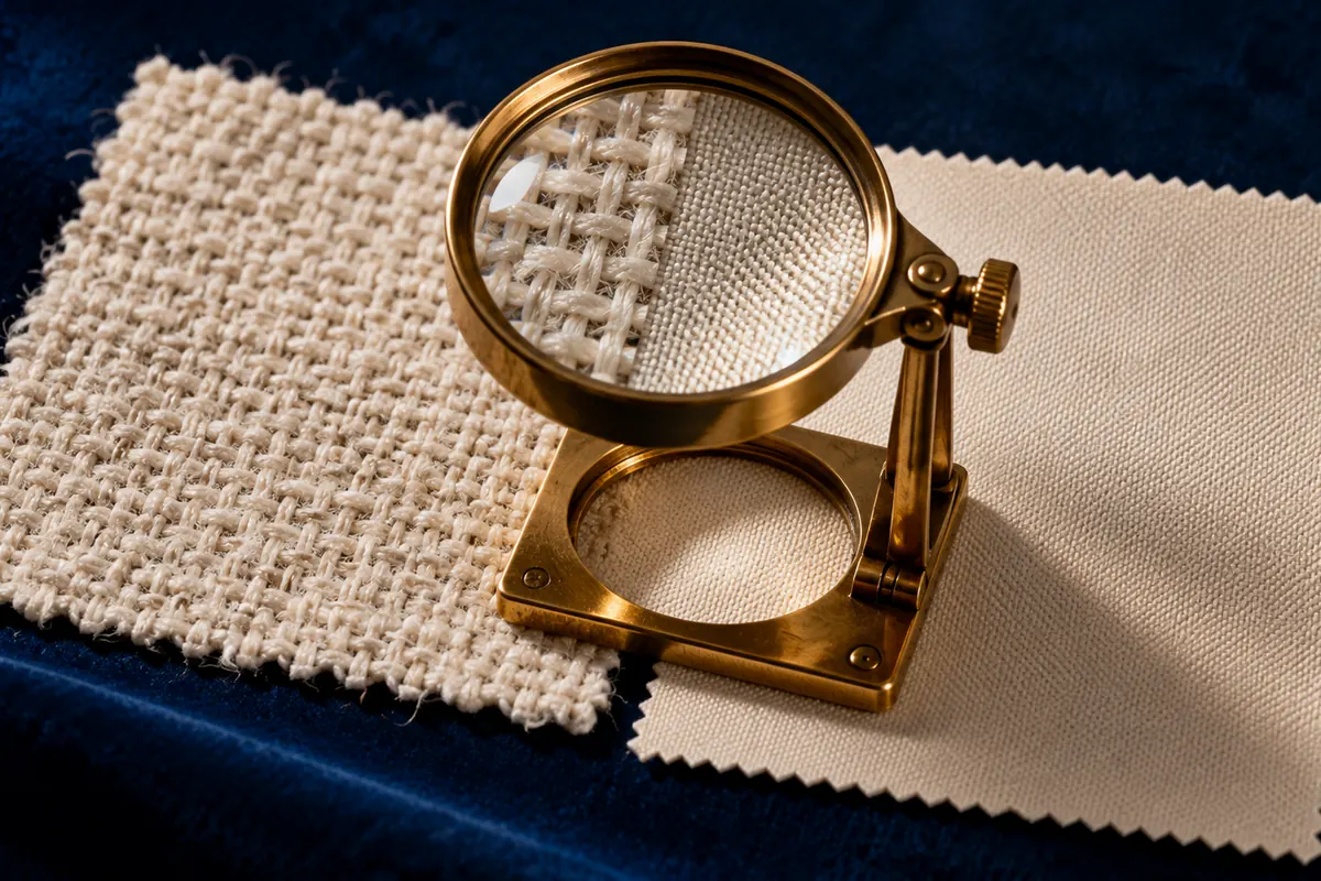 A magnifying glass compares two different fabric weaves.