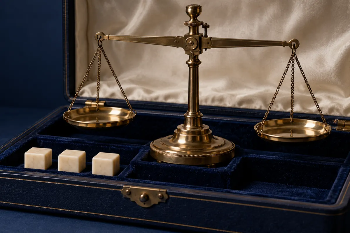 A precision balance and three ivory cubes in a fitted case.