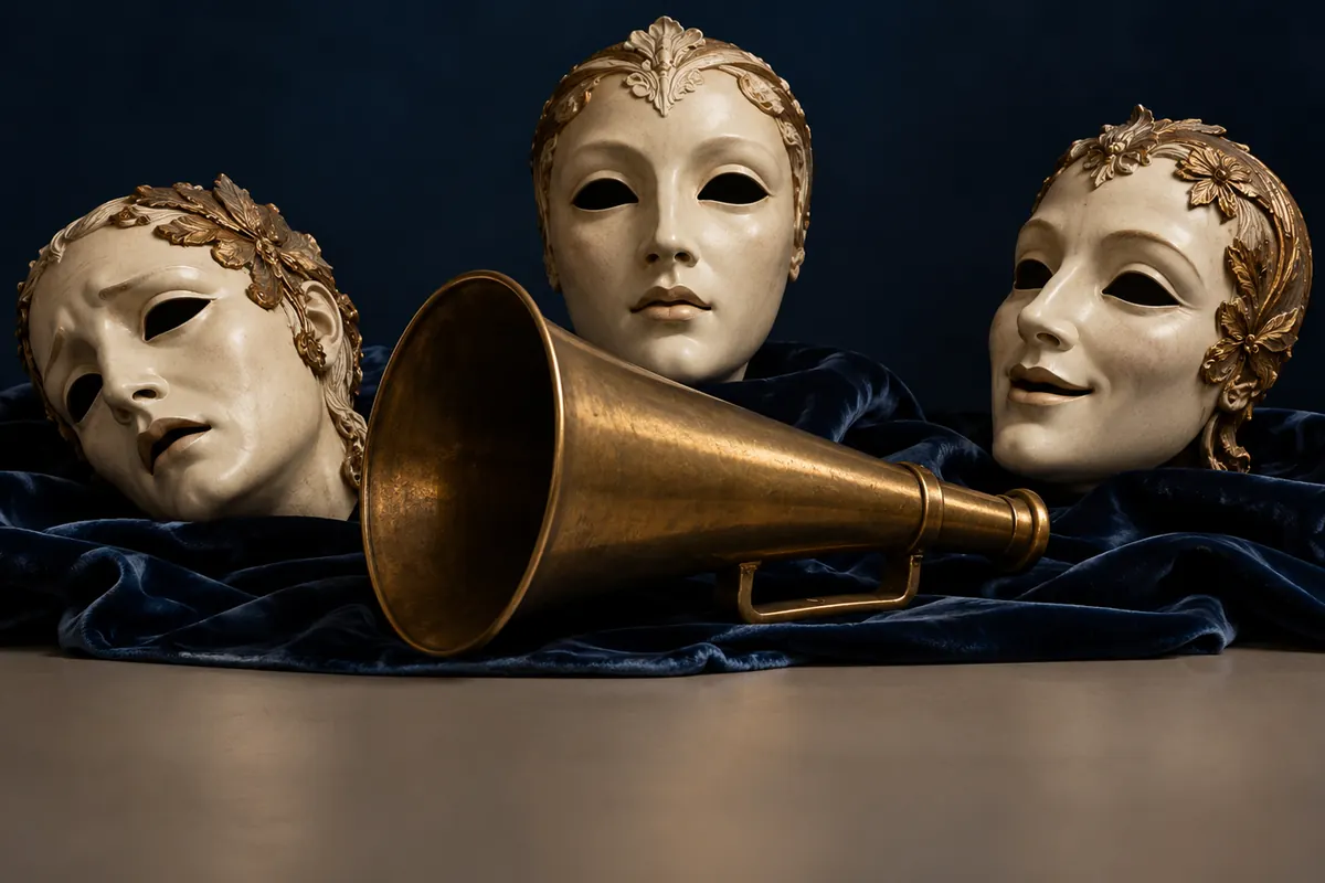 Three ivory theatre masks surround a single brass speaking horn.