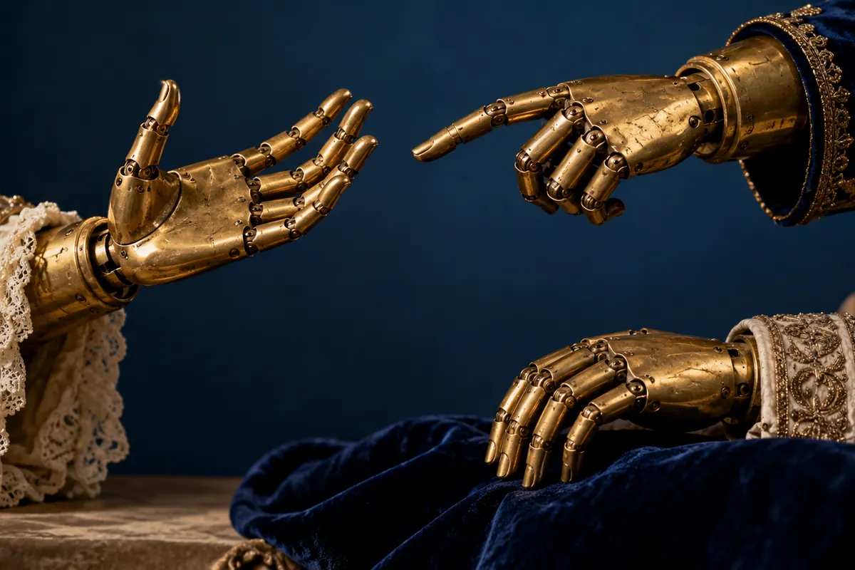Three articulated brass hands express distinct gestures.