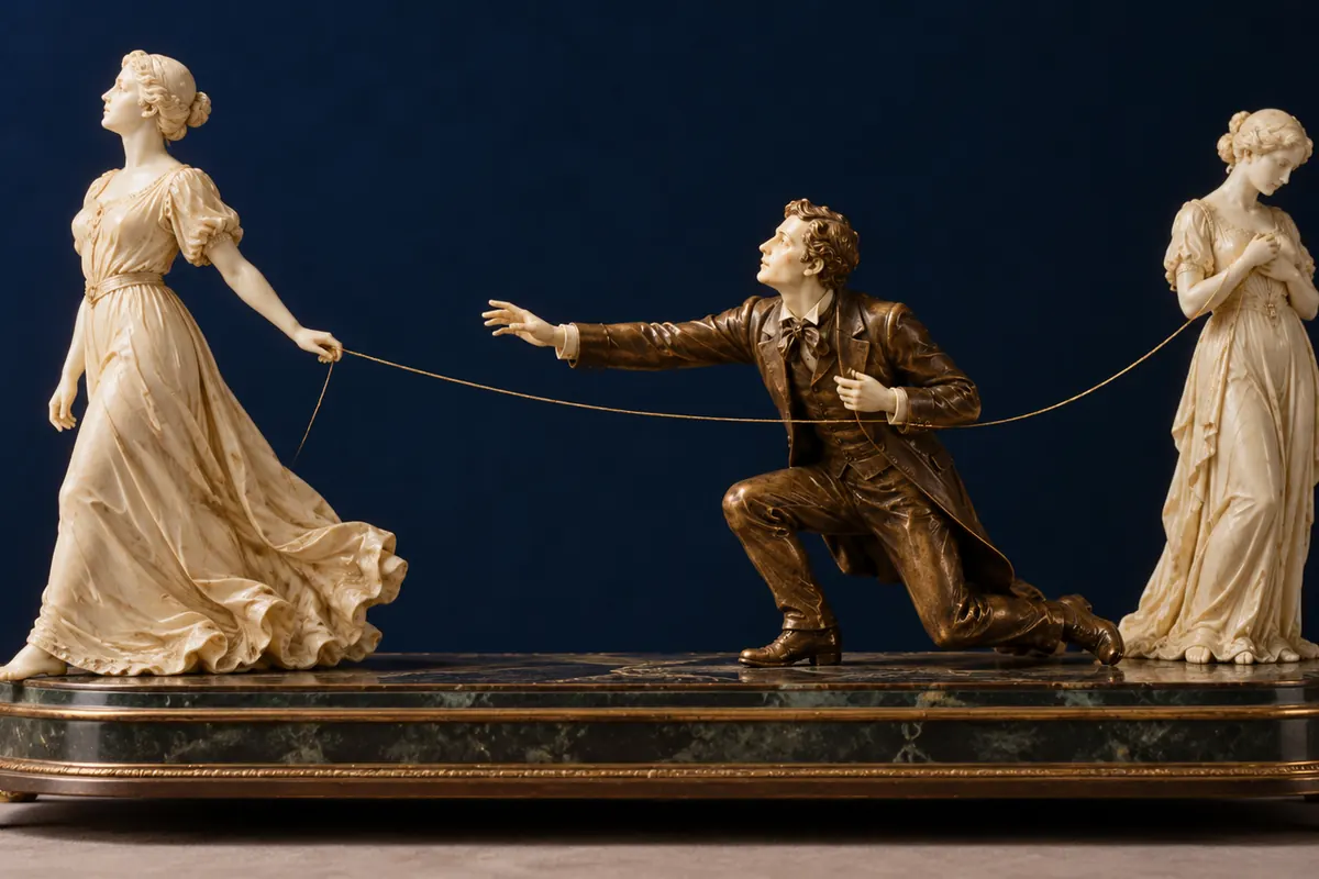Three ivory and bronze figures connected by thread on a miniature stage.