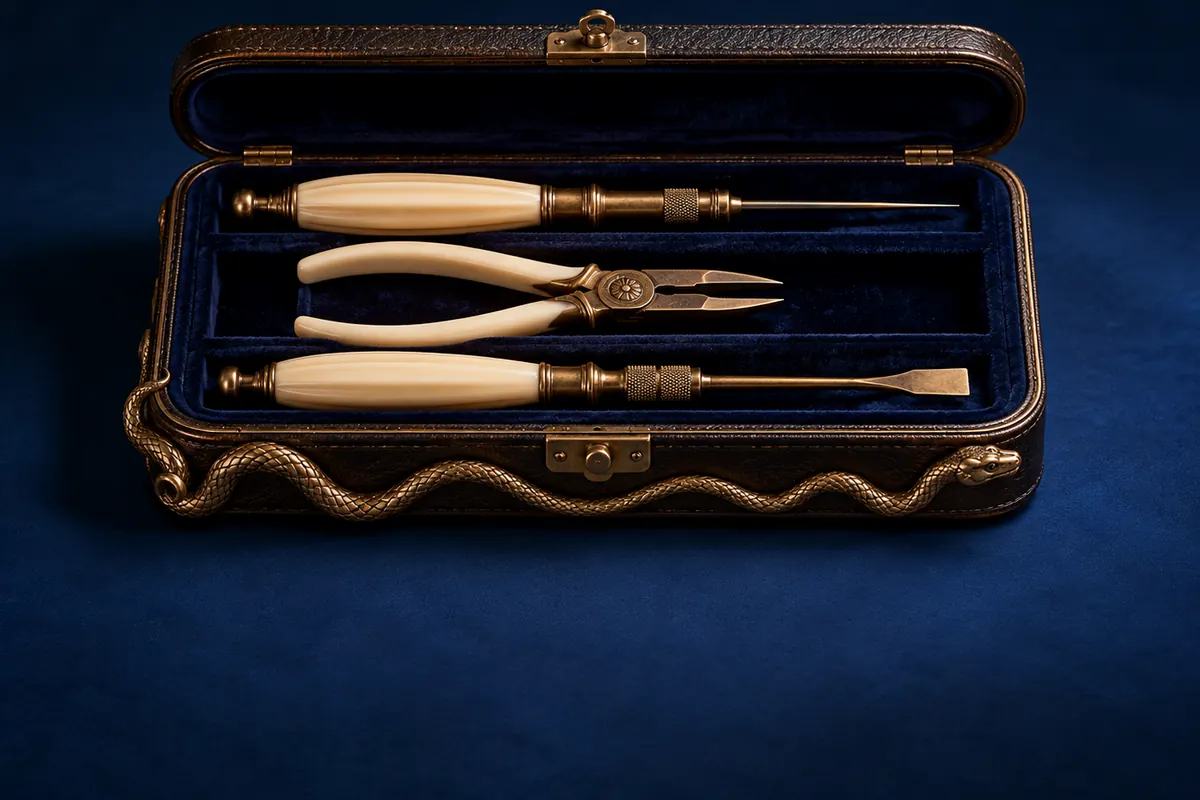 Ivory-handled precision tools fit separate slots in a serpent-trimmed leather case.