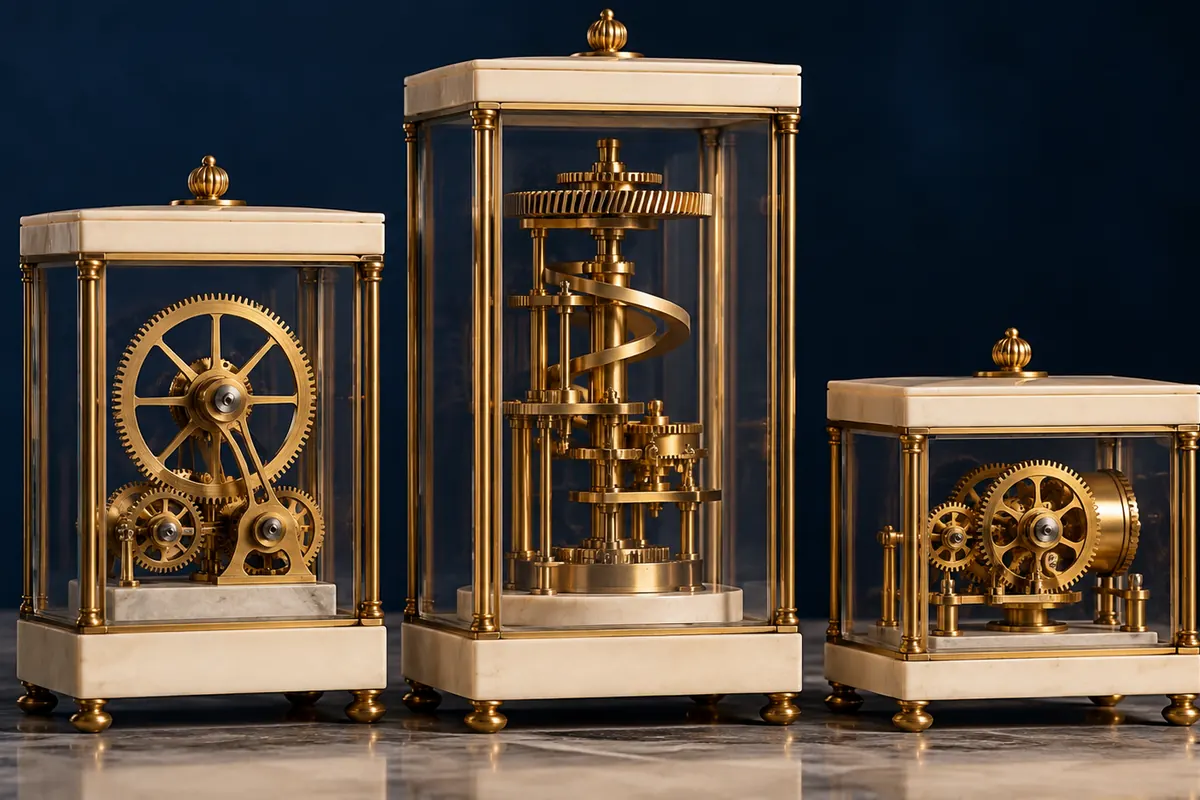Three separate ivory and glass cases house distinct brass mechanisms.