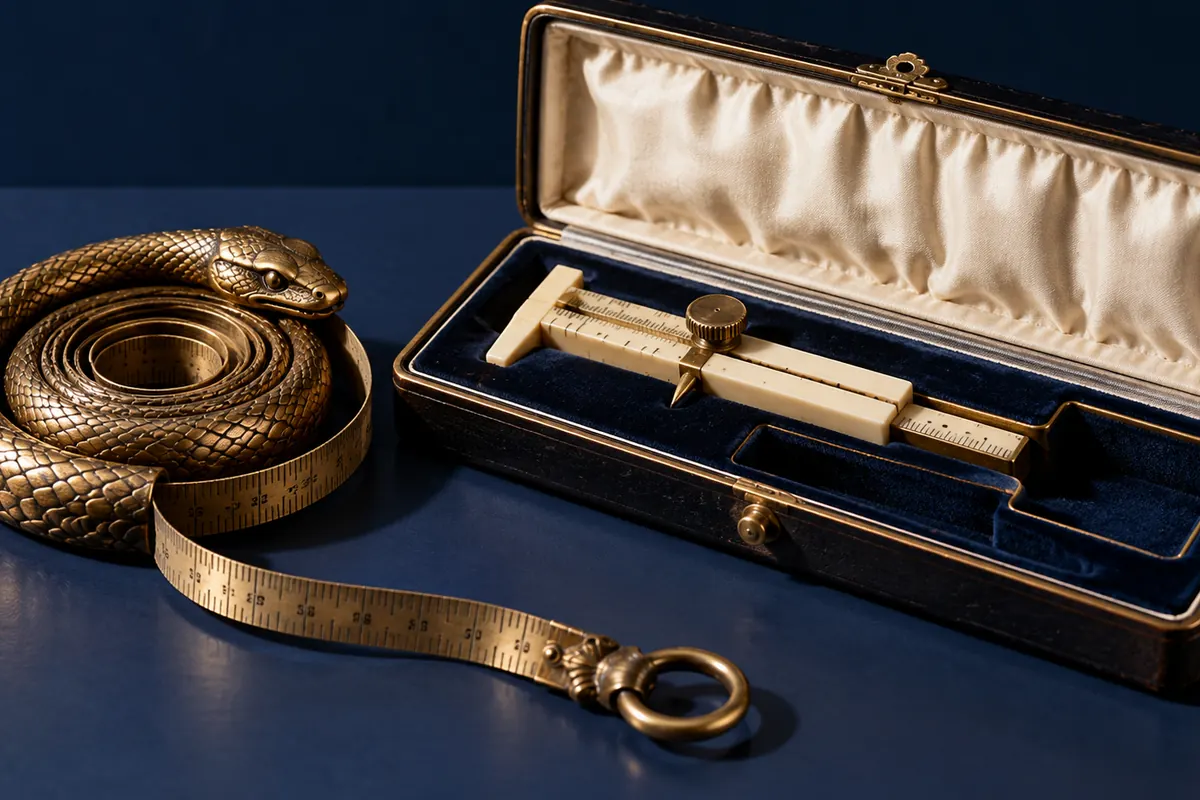 A bronze serpent measuring tape beside a fitted ivory gauge.