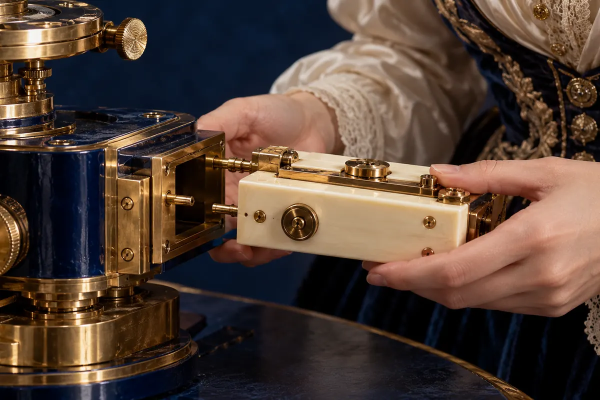 Hands insert an ivory module into a brass instrument.