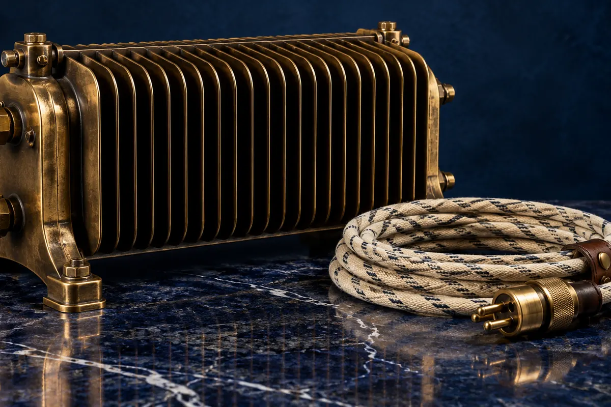 Brass cooling fins and a fabric-wrapped cable on a scholarly workbench.