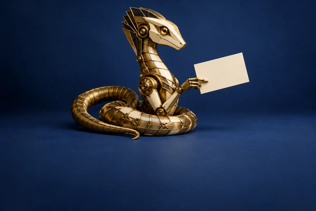 A brass basilisk automaton beside a blank formal invitation.