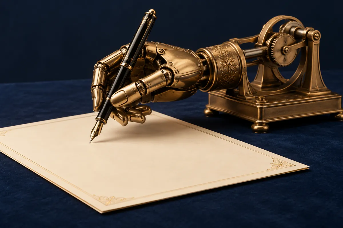 An articulated mechanical hand writes with a fountain pen.