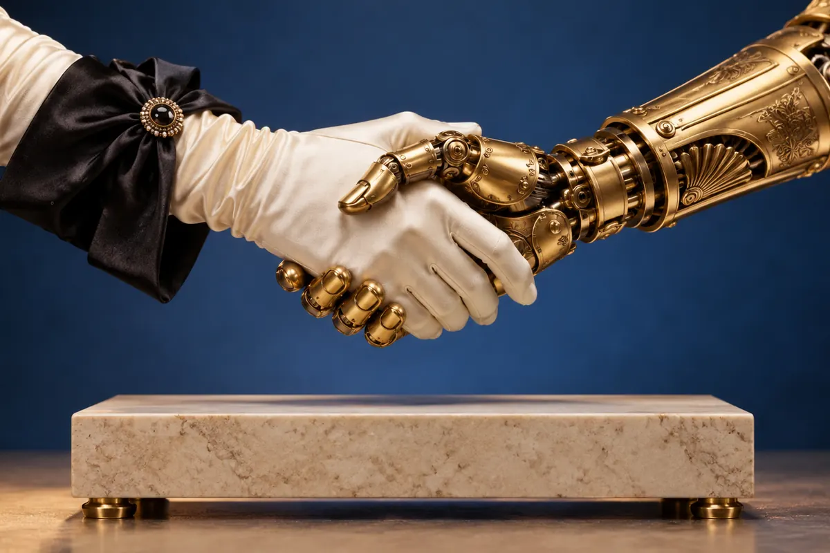 A silk-gloved human hand shakes an articulated brass hand.