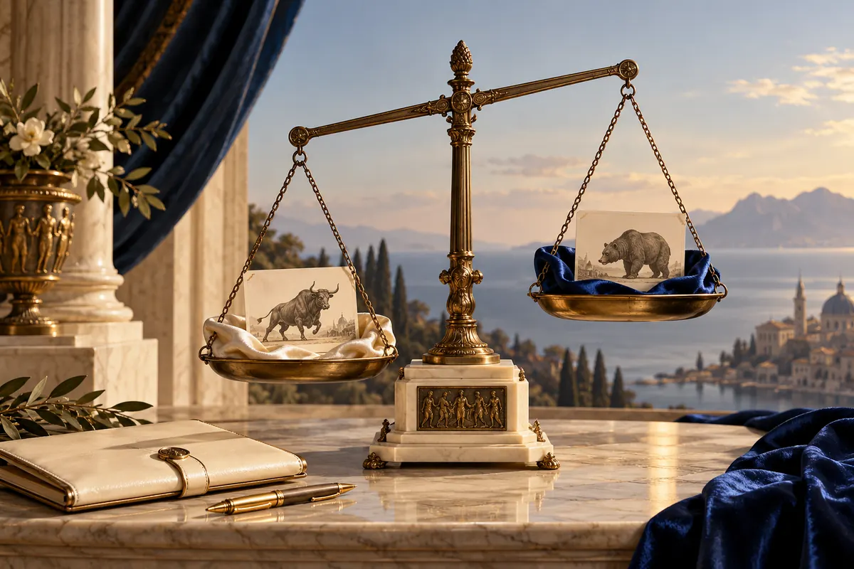 A bronze balance weighs bull and bear news cards above ivory and cobalt silk.